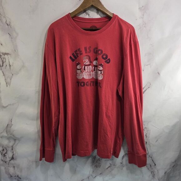 Life Is Good T Shirt Mens XL Snowman Red Tee Long Sleeve Classic Fit Together - Picture 1 of 12